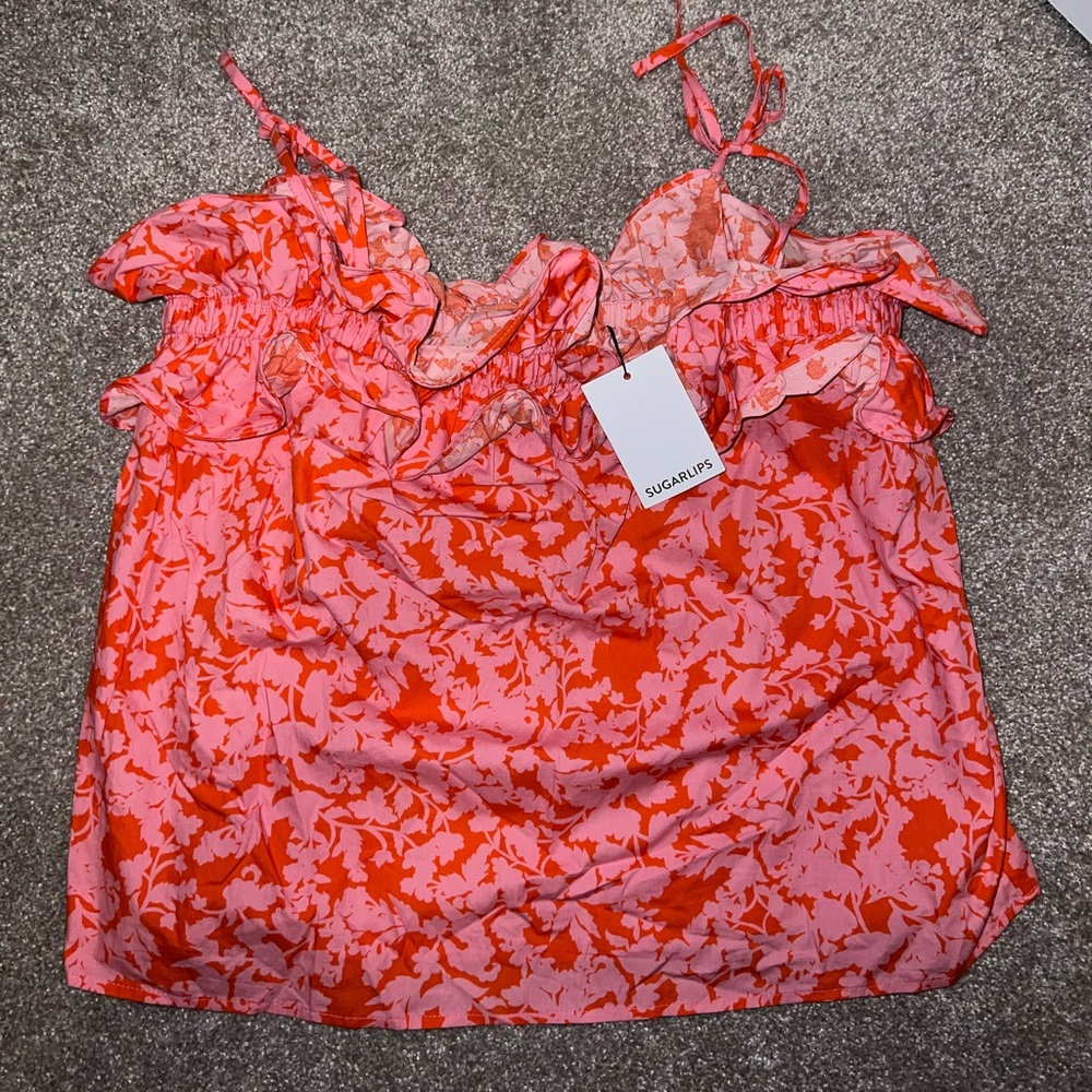 NWT Sugarlips Vienna Pink Floral Ruffle Harlett Tie Strap Top Tank Large L